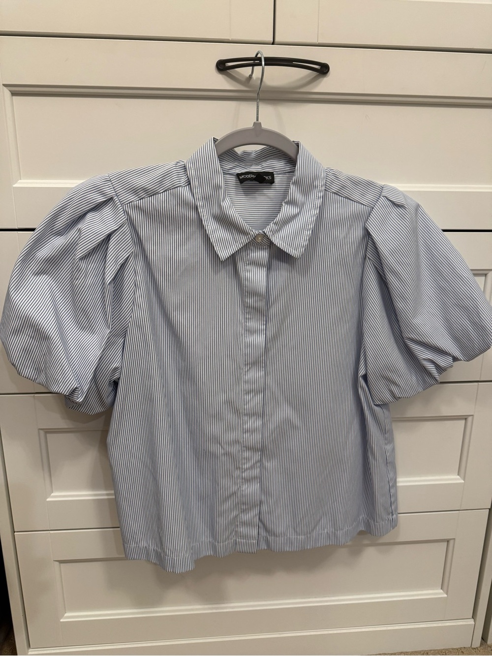 Puff-Sleeve Pinstripe Button-Up Blouse - Light Blue/White